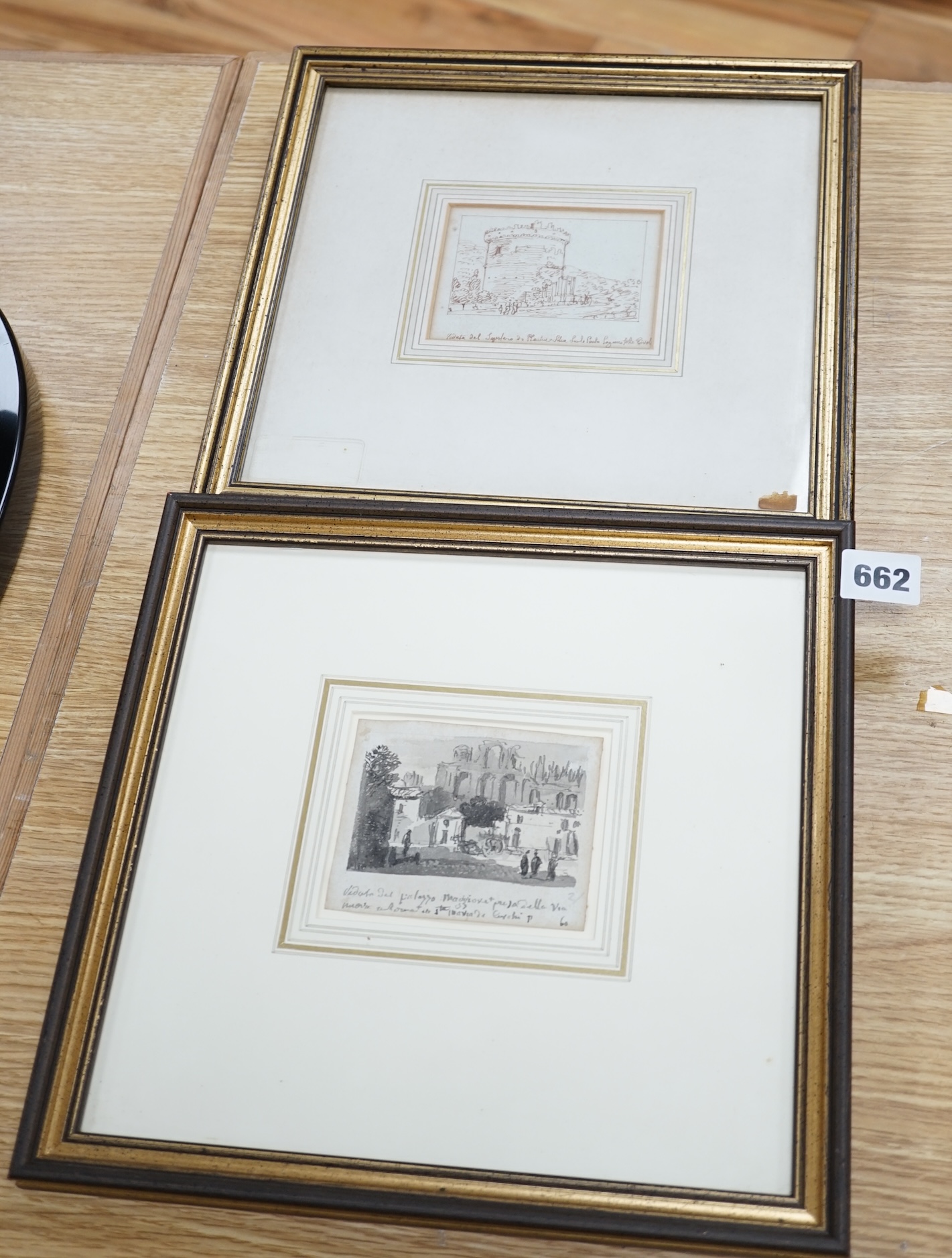 Two 18th / 19th century monochrome and sepia ink sketches, Italian views, one by Victor Jean Nicolle (French, 1754-1826), 'The Palazzo Maggiore near the Via Nuova', Abbott & Holder inscribed gallery label verso, largest